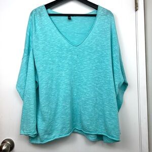 Eileen Fisher Linen Cotton Blend Lightweight V Neck Sweater size XL Aqua Blue